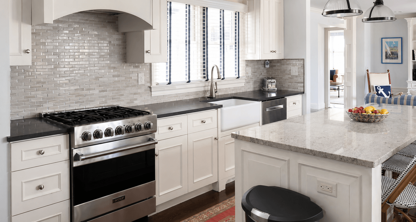 Painted cabinet doors and drawers in a bright kitchen